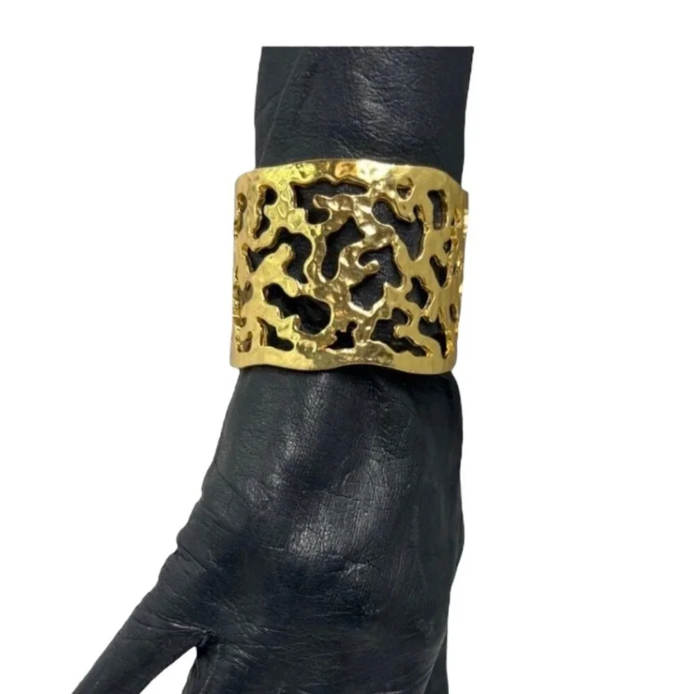 Karine Sultan 24k-GP Hammered Wide Cuff Adjustable Bracelet w/ Cutout Design - Picture 1 of 9